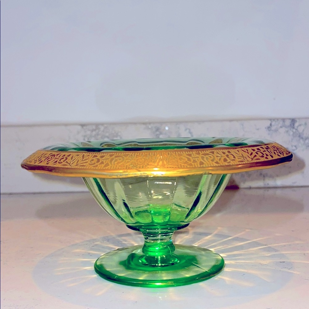 Mayonnaise Compote Vintage Tiffin Gold Rambling Rose Overlay Green Glass 6.75” W